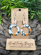 Load image into Gallery viewer, Genuine Leather Earrings - Wood Connector - Flowers - Floral - Navy - Blue - White - Mustard - Textured - Hoop Earrings - Hoops - Circle - Circle Cut Out - Statement Earrings