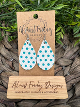 Load image into Gallery viewer, Genuine Leather Earrings - Teardrop Earrings - Teal Dots - White - Polka Dots - Teardrops