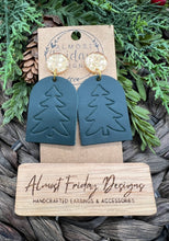 Load image into Gallery viewer, Genuine Leather Earrings - Christmas Tree - Tag - Green - Christmas Tree Earrings - Embossed - Stud Post - Statement Earrings - Gold Glitter