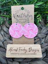 Load image into Gallery viewer, Genuine Leather Earrings - Breast Cancer Ribbon - Round - Circle - Breast Cancer Awareness Ribbon Earrings - Cancer Awareness - Pink Ribbon