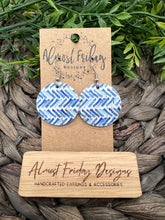 Load image into Gallery viewer, Genuine Leather Earrings - Circle - Blue and White - Chevron Design Earrings