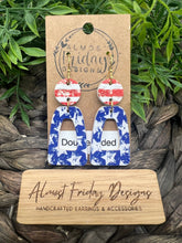 Load image into Gallery viewer, Genuine Leather Earrings - Rounded Rectangle - Cut Out - Red - Blue - Patriotic Earrings - American Flag - Stars and Stripes - 4th of July - Double Sided - Independence Day - USA - Olympics