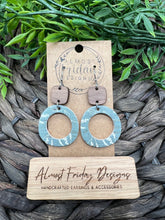 Load image into Gallery viewer, Genuine Leather Earrings - Wood Connector - Sage - Green - White - Floral - Flowers - Textured - Hoop Earrings - Hoops - Circle - Circle Cut Out - Statement Earrings