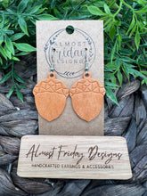 Load image into Gallery viewer, Genuine Leather - Embossed Earrings - Acorn - Fall Earrings - Brown - Statement Earrings