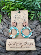 Load image into Gallery viewer, Genuine Leather Earrings - Wood Connector - Teal - Green - White - Rust - Mustard - Floral - Flowers - Textured - Hoop Earrings - Hoops - Circle - Circle Cut Out - Statement Earrings