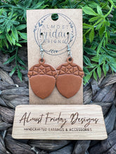 Load image into Gallery viewer, Genuine Leather - Embossed Earrings - Acorn - Fall Earrings - Brown - Statement Earrings