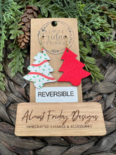 Load image into Gallery viewer, Genuine Leather Earrings - Christmas Tree Cakes - Red Metallic - Christmas Earrings - Dangle - Christmas Tree - Tree - Winter - Green - Statement Earrings