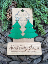 Load image into Gallery viewer, Genuine Leather Earrings - Green - Christmas Tree - Star - Christmas Tree Earrings - Embossed - Stud Findings - Statement Earrings