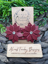 Load image into Gallery viewer, Genuine Leather Earrings - Poinsettia - Flower - Christmas Earrings - Poinsettia Earrings - Red - Rhinestone - Christmas - Statement Earrings - Textured Leather