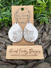 Load image into Gallery viewer, Wood Earrings - Dangle Earrings - Hand Painted - Snowflake - White Wash - Distressed - Winter Earrings - Teardrop - Statement Earrings - Engraved