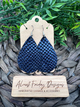 Load image into Gallery viewer, Genuine Leather Earrings - Blue - Metallic - Textured Leather - Navy - Snakeskin - Teardrop - Statement Earrings