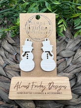 Load image into Gallery viewer, Wood Earrings - Snowman Earrings - Winter - White - Statement Earrings - Snow