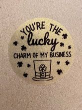 Load image into Gallery viewer, Sticker - Business - Happy Mail - Gold Transparent - St. Patrick's Day - Leprechaun Hat - Lucky Charm - Gold Glitter - Scallop Rainbow - Clover - Shamrock