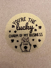 Load image into Gallery viewer, Sticker - Business - Happy Mail - Gold Transparent - Pot of Gold - St. Patrick's Day - Lucky Charm - Gold Glitter - Scallop Rainbow - Clover - Shamrock