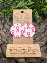 Load image into Gallery viewer, Genuine Leather Earrings - Breast Cancer Ribbon - Breast Cancer Awareness Ribbon Earrings - Cancer Awareness - Pink Ribbon - Round - Circle