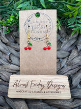Load image into Gallery viewer, Enamel Earrings - Little Ladies - Red - Green - Gold - Cherries - Small Earrings - Statement Earrings
