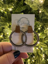 Load image into Gallery viewer, Wood Earrings - Stripes - Natural Wood - Hoop Earrings - Hoops - Hand Painted - Black and White - Genuine Leather Cuff - Statement Earrings