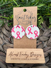 Load image into Gallery viewer, Genuine Leather Earrings - Breast Cancer Ribbon - Round - Circle - Breast Cancer Awareness Ribbon Earrings - Cancer Awareness - Pink Ribbon