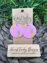 Load image into Gallery viewer, Genuine Leather Earrings - Circle - Round - Pineapple Earrings - Pink - Yellow - Green - Summer Earrings - Statement Earrings