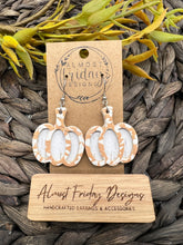 Load image into Gallery viewer, Genuine Leather Earrings - Orange - White - 3D - Leaves - Layered - Fall Earrings - Textured Leather - Pumpkin - Cut Out Earrings - Peach Earrings - Statement Earrings