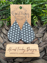 Load image into Gallery viewer, Genuine Leather Earrings - Teardrop Earrings - White Dots - Polka Dots - Gray - Statement Earrings