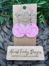 Load image into Gallery viewer, Genuine Leather Earrings - Breast Cancer Ribbon - Round - Circle - Breast Cancer Awareness Ribbon Earrings - Cancer Awareness - Pink Ribbon