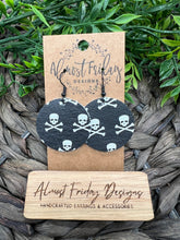 Load image into Gallery viewer, Genuine Leather Earrings - Round - Circle - Halloween Earrings - Sugar Skulls - Skull and Bones - Skull - Bones - Statement Earrings