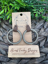 Load image into Gallery viewer, Wood Earrings - Stripes - Natural Wood - Hoop Earrings - Hoops - Hand Painted - Black and White - Genuine Leather Cuff - Statement Earrings