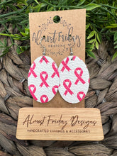 Load image into Gallery viewer, Genuine Leather Earrings - Oval - Breast Cancer Ribbon - Breast Cancer Awareness Ribbon Earrings - Cancer Awareness - Pink Ribbon