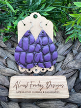 Load image into Gallery viewer, Genuine Leather Earrings - Teardrop Earrings - Purple - Alligator - Textured Leather - Statement Earrings