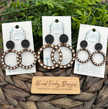 Load image into Gallery viewer, Wood Earrings - Genuine Leather - Dangle Earrings - Hand Painted - Spots - Dots - Black - White - Hoop - Circle - Statement Earrings - Engraved