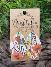 Load image into Gallery viewer, Genuine Leather Earrings - Flowers - Watercolor Flowers - Flower Print - Orange - Leaf Cut - Green