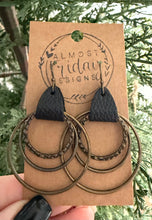 Load image into Gallery viewer, Metal Hoop Earrings - Hammered Ring - Brass Hoops - Hoop Earrings - Hoops - Black - Genuine Leather Cuff - Statement Earrings