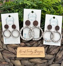 Load image into Gallery viewer, Wood Earrings - Genuine Leather - Dangle Earrings - Hand Painted - Spots - Dots - White Wash - Brown - Distressed - Hoop - Circle - Statement Earrings - Engraved