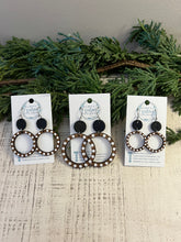 Load image into Gallery viewer, Wood Earrings - Genuine Leather - Dangle Earrings - Hand Painted - Spots - Dots - Black - White - Hoop - Circle - Statement Earrings - Engraved