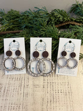 Load image into Gallery viewer, Wood Earrings - Genuine Leather - Dangle Earrings - Hand Painted - Spots - Dots - White Wash - Brown - Distressed - Hoop - Circle - Statement Earrings - Engraved