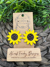 Load image into Gallery viewer, Genuine Leather Earrings - Sunflower Earrings - Yellow - Brown - Fall Leather Genuine Leather Earrings - Fall Earrings - Floral - Statement Earrings - 3D