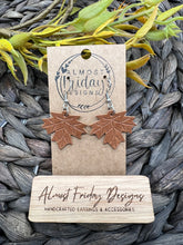 Load image into Gallery viewer, Genuine Leather Earrings - Embossed - Leaf - Statement Earrings - Fall Leaf - Tan - Fall Earrings - Maple Leaf - Brown