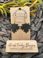 Load image into Gallery viewer, Genuine Leather Earrings - Embossed - Leaf - Statement Earrings - Fall Leaf - Fall Earrings - Maple Leaf - Olive - Green