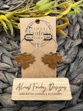 Load image into Gallery viewer, Genuine Leather Earrings - Embossed - Leaf - Hoop Earrings - Statement Earrings - Fall Leaf - Fall Earrings - Maple Leaf - Brown
