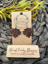 Load image into Gallery viewer, Genuine Leather Earrings - Embossed - Leaf - Statement Earrings - Fall Leaf - Fall Earrings - Maple Leaf - Brown - Dark Brown