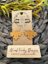 Load image into Gallery viewer, Genuine Leather Earrings - Embossed - Leaf - Hoop Earrings - Statement Earrings - Fall Leaf - Fall Earrings - Maple Leaf - Brown