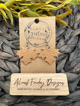 Load image into Gallery viewer, Genuine Leather Earrings - Embossed - Leaf - Statement Earrings - Fall Leaf - Tan - Fall Earrings - Maple Leaf - Brown