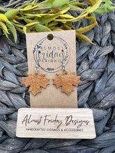 Load image into Gallery viewer, Genuine Leather Earrings - Embossed - Leaf - Statement Earrings - Fall Leaf - Tan - Fall Earrings - Maple Leaf - Brown
