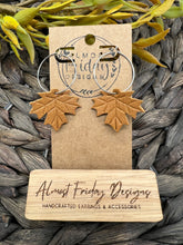 Load image into Gallery viewer, Genuine Leather Earrings - Embossed - Leaf - Hoop Earrings - Statement Earrings - Fall Leaf - Fall Earrings - Maple Leaf - Brown