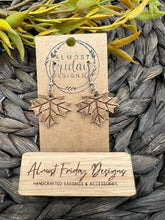 Load image into Gallery viewer, Genuine Leather Earrings - Embossed - Leaf - Statement Earrings - Fall Leaf - Tan - Fall Earrings - Maple Leaf - Brown