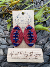 Load image into Gallery viewer, Genuine Leather Earrings - Conestoga Valley - Buckskins - Buffalo - Bills - Blue - Red - Glitter - Metallic - Leaf Cut - Fall Leather Genuine Leather Earrings - Football Print - Football Earrings - Statement Earrings