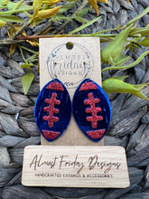 Load image into Gallery viewer, Genuine Leather Earrings - Conestoga Valley - Buckskins - Buffalo - Bills - Blue - Red - Glitter - Metallic - Leaf Cut - Fall Leather Genuine Leather Earrings - Football Print - Football Earrings - Statement Earrings