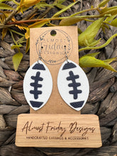 Load image into Gallery viewer, Genuine Leather Earrings - Penn State - Nittany Lions - Blue - White - Leaf Cut - Fall Leather Genuine Leather Earrings - Football Print - Football Earrings - Statement Earrings