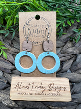 Load image into Gallery viewer, Genuine Leather Earrings - Wood Connector - Aqua - Textured - Hoop Earrings - Hoops - Circle - Circle Cut Out - Statement Earrings